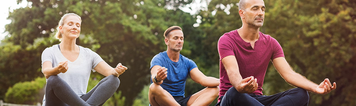 adults meditating in park setting stock photo